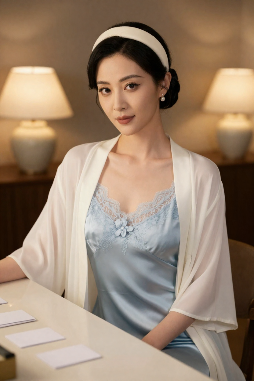 Fictional 29-year-old woman with mature elegant makeup and defined cheekbones, black hair in a low chignon