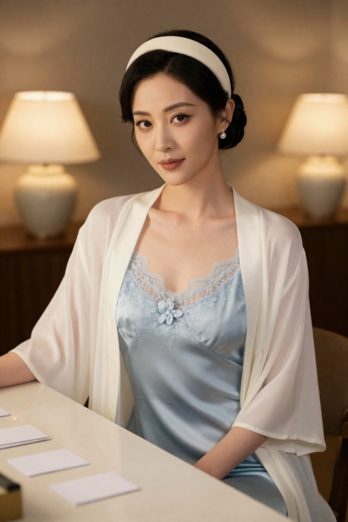 ChuhaiH aperture desk muse in an ice-blue silk slip dress with an ivory robe at a plain desk
